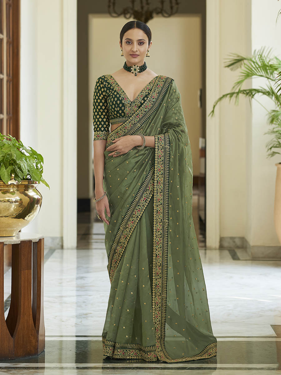 Myra Olive Green Embroidered Organza Fancy Saree