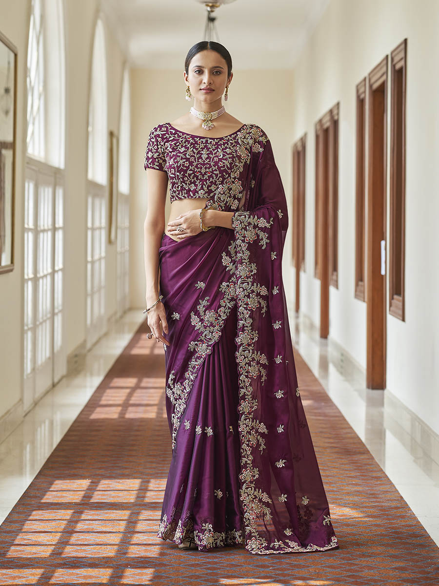 Myra Purple Embroidered Crepe Fancy Saree