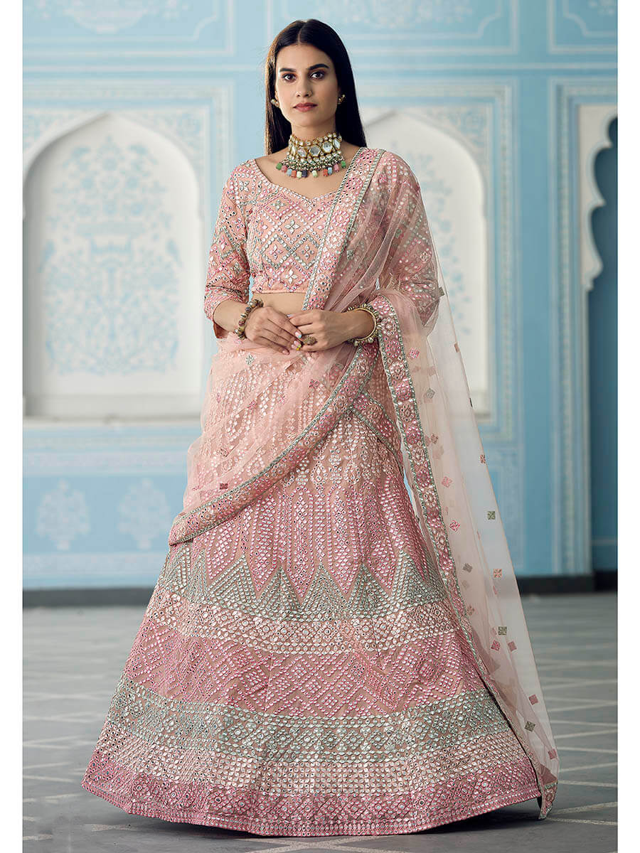 Myra Peach Organza Embroidered Lehenga