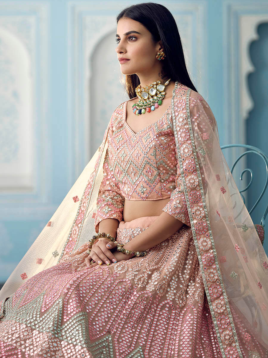 Myra Peach Organza Embroidered Lehenga
