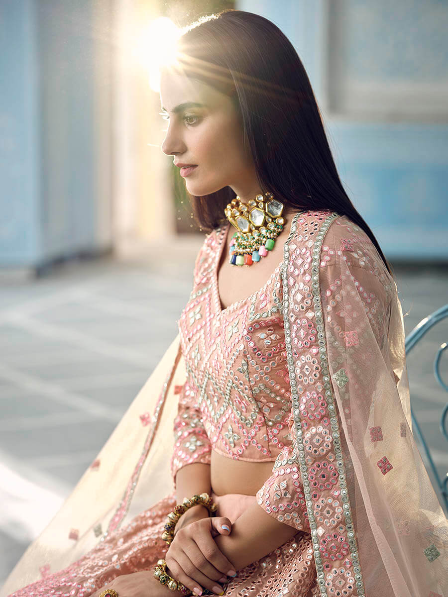 Myra Peach Organza Embroidered Lehenga