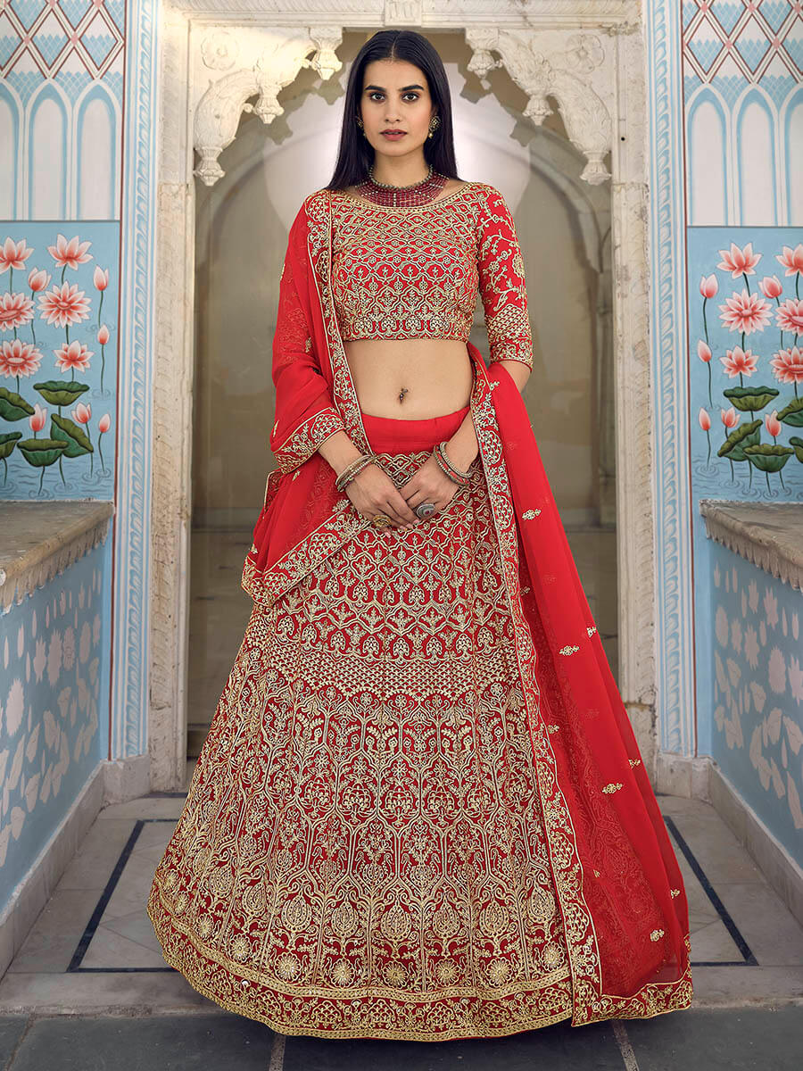 Myra Red Gorgette Embroidered Lehenga