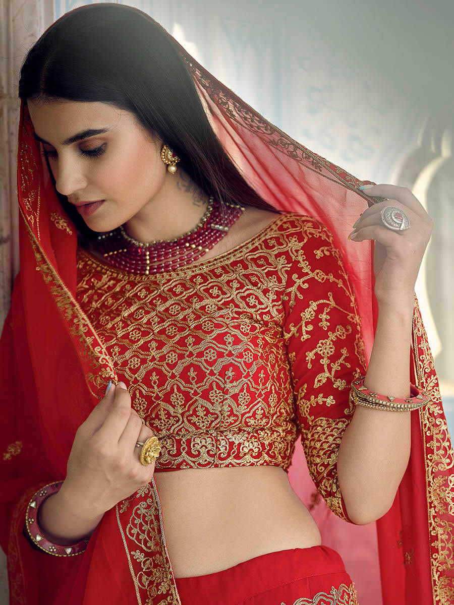 Myra Red Georgette Embroidered Lehenga