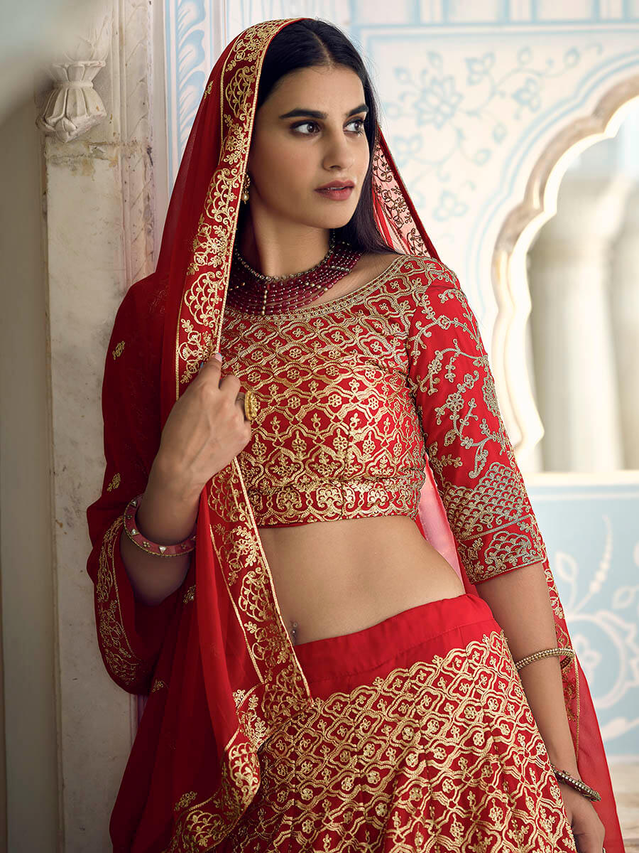 Myra Red Gorgette Embroidered Lehenga