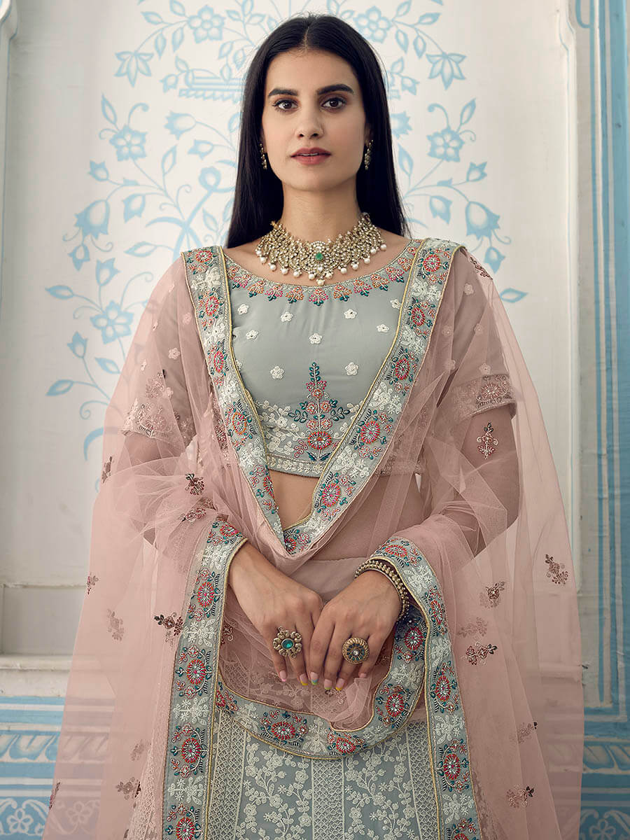 Myra Grey Gorgette Embroidered Lehenga