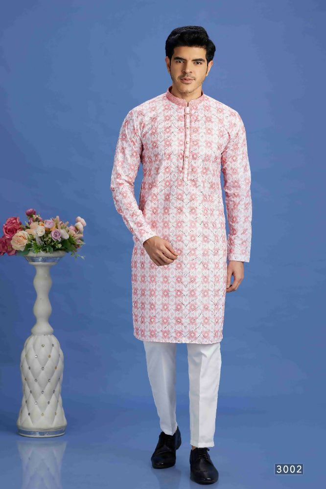 Raivat Ethnic Cotton Embroidery Kurta Pajama In Pink Colour