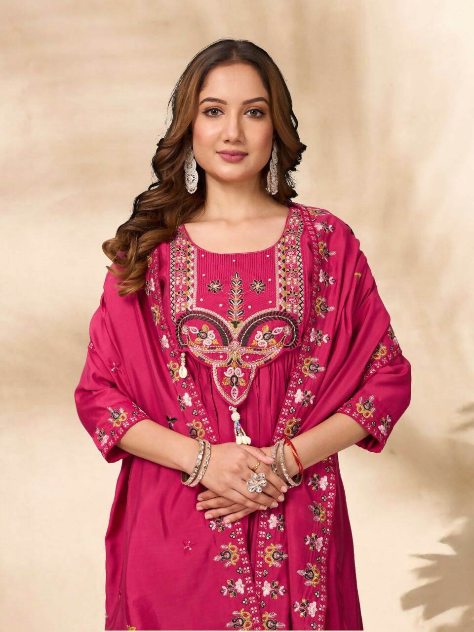 Lehenga Mart Designer Anarkali Suit With Kurta, Pant, Dupatta For Women-Pink