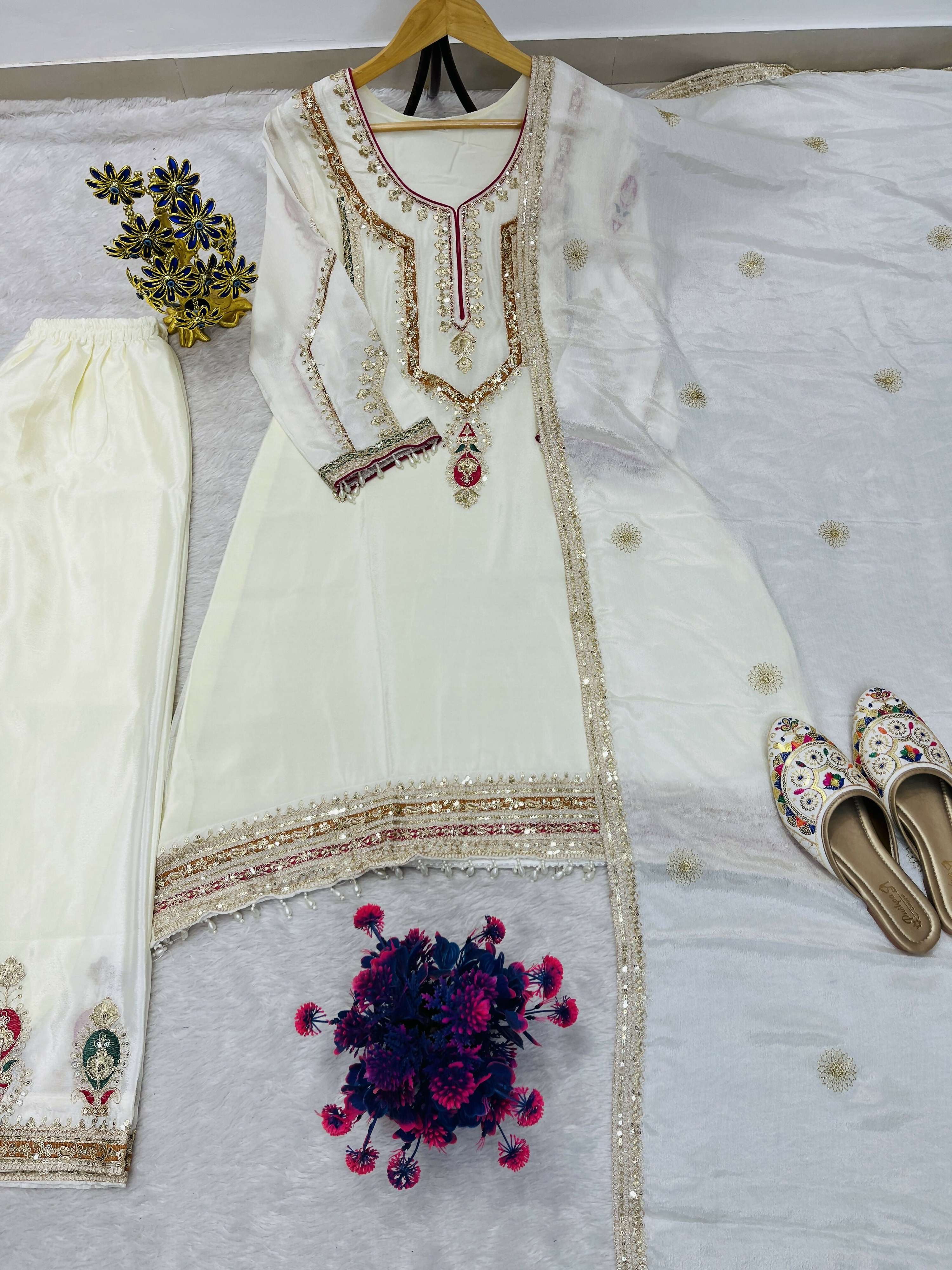 Teeya Creation Cream Color Chinon Silk Party Wear Trending Palazzo Set