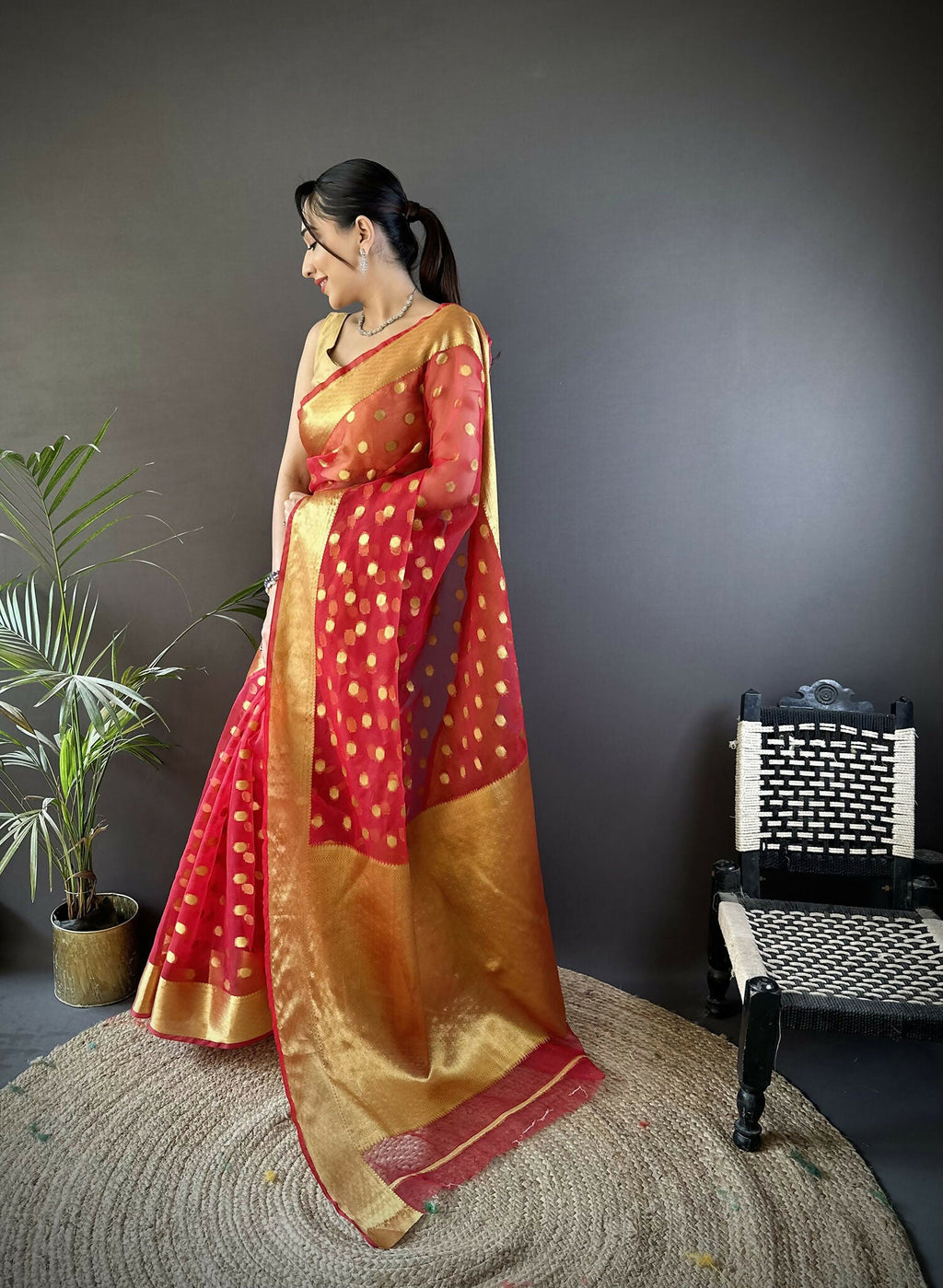 Joban Fashion Red Polka-Dot Zari Woven Organza Silk Banarasi Silk Saree