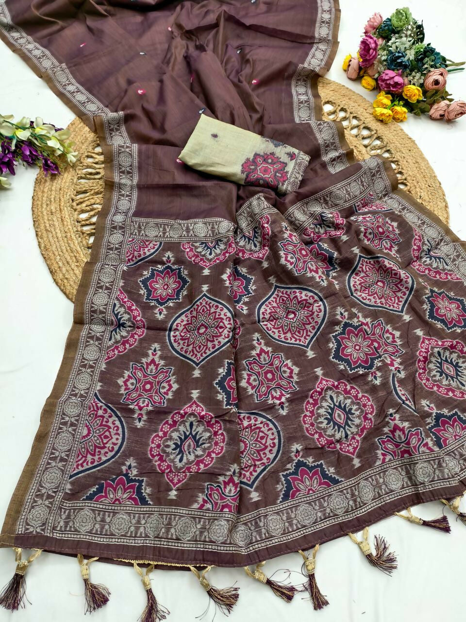 Vastranavya Coffee Muga Cotton Meenakari & Azarakh Pallu Saree with Contrast Blouse