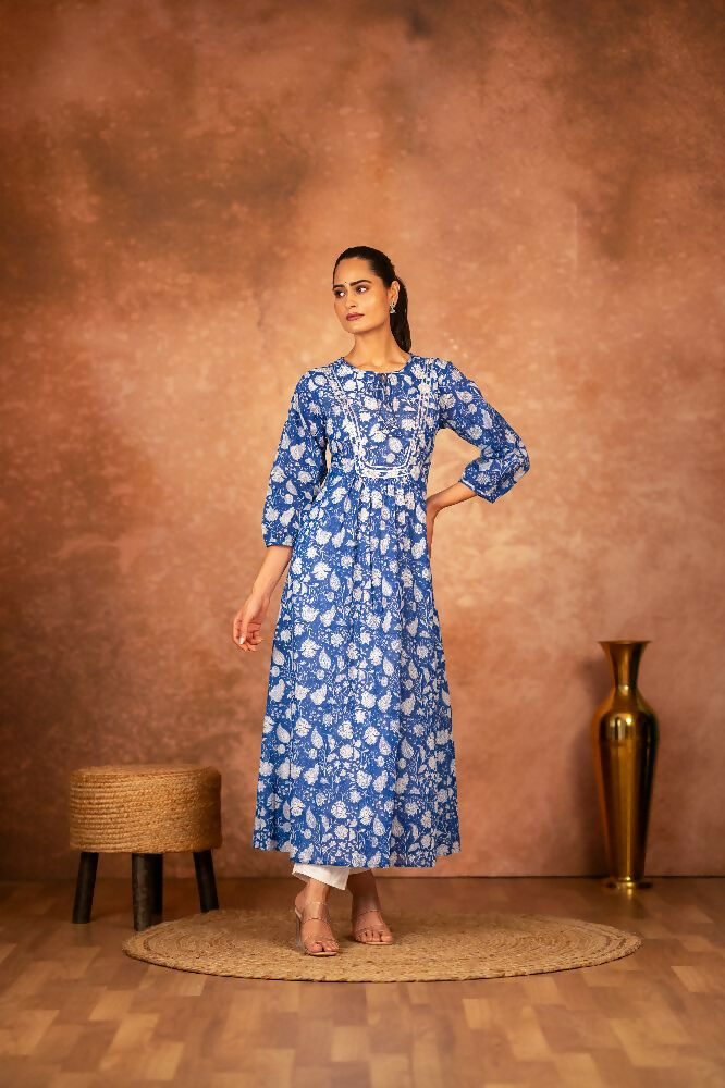 Joban Fashion Blue Floral Hand Block Printed Cotton Kurta Pant Set