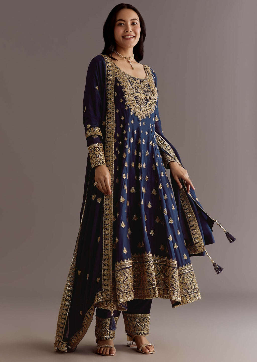 Teeya Creation Blue Color Chinnon Silk Embroidery Work Gown