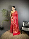 Joban Fashion Red Floral & Paisley Motifs Soft Satin Silk Banarasi Saree