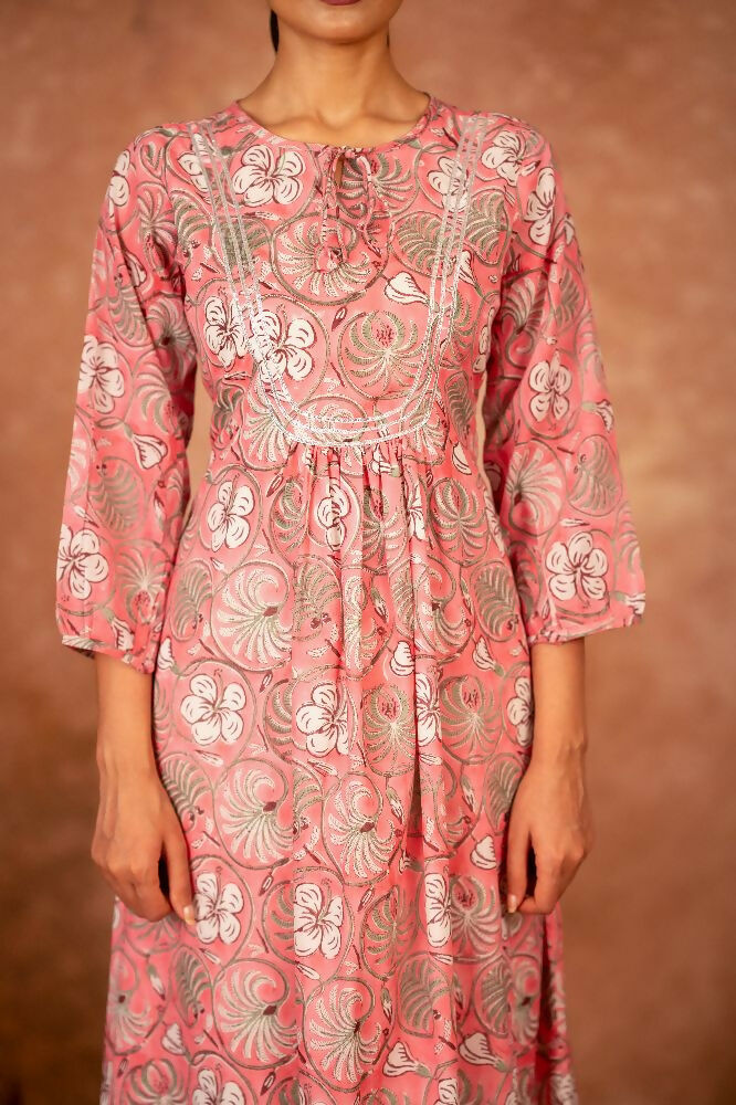 Joban Fashion Pink Floral Hand Block Printed Cotton Kurta Pant Set
