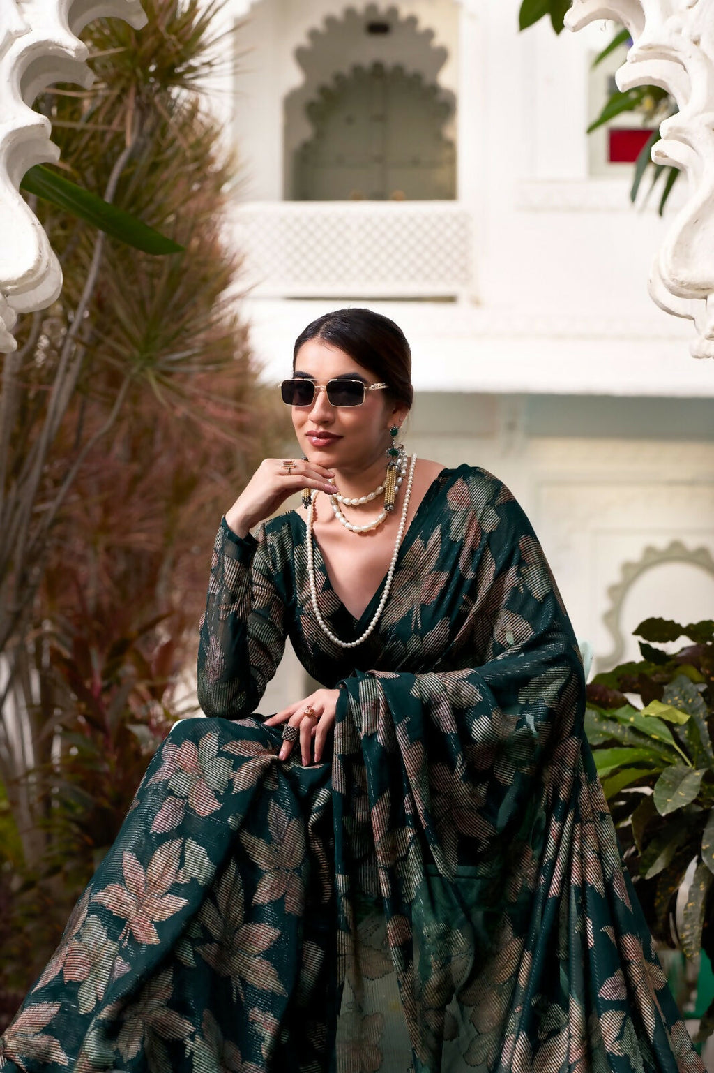 Vastranavya Bottle Green Lurex Brasso Floral Printed Saree with Unstitched Blouse
