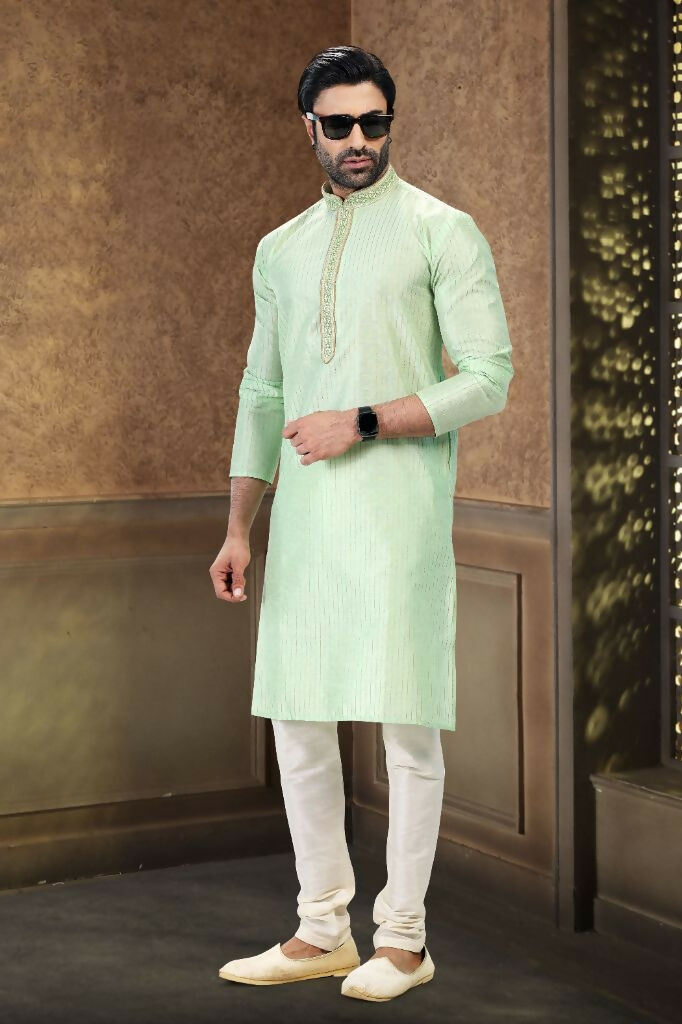 Raivat Ethnic Jacquard Art Silk Thread Work Kurta Pajama In Pista Green Colour