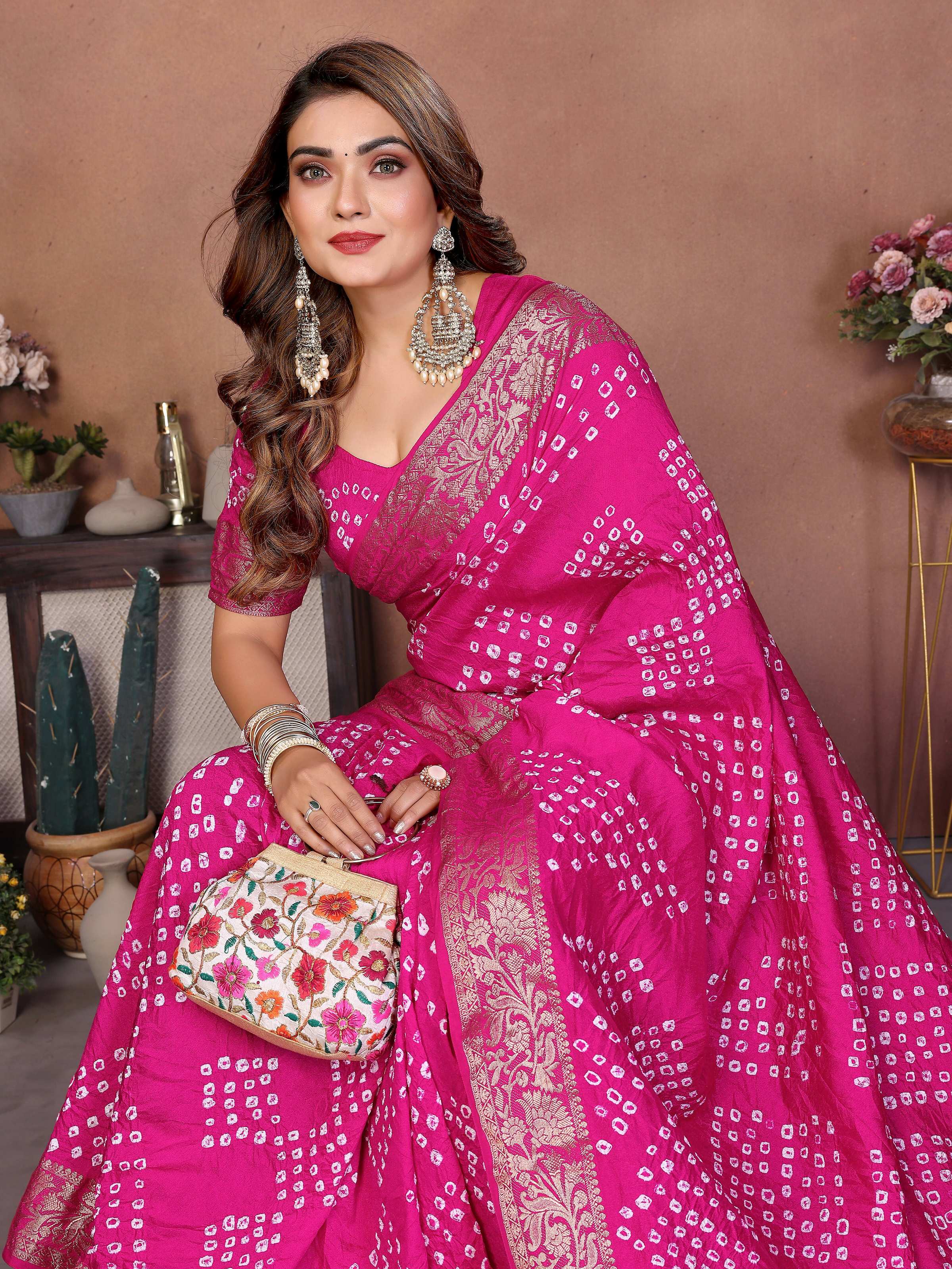 Aastha Fashion Pink Pure Dola Silk Handmade Original Bandhej Saree