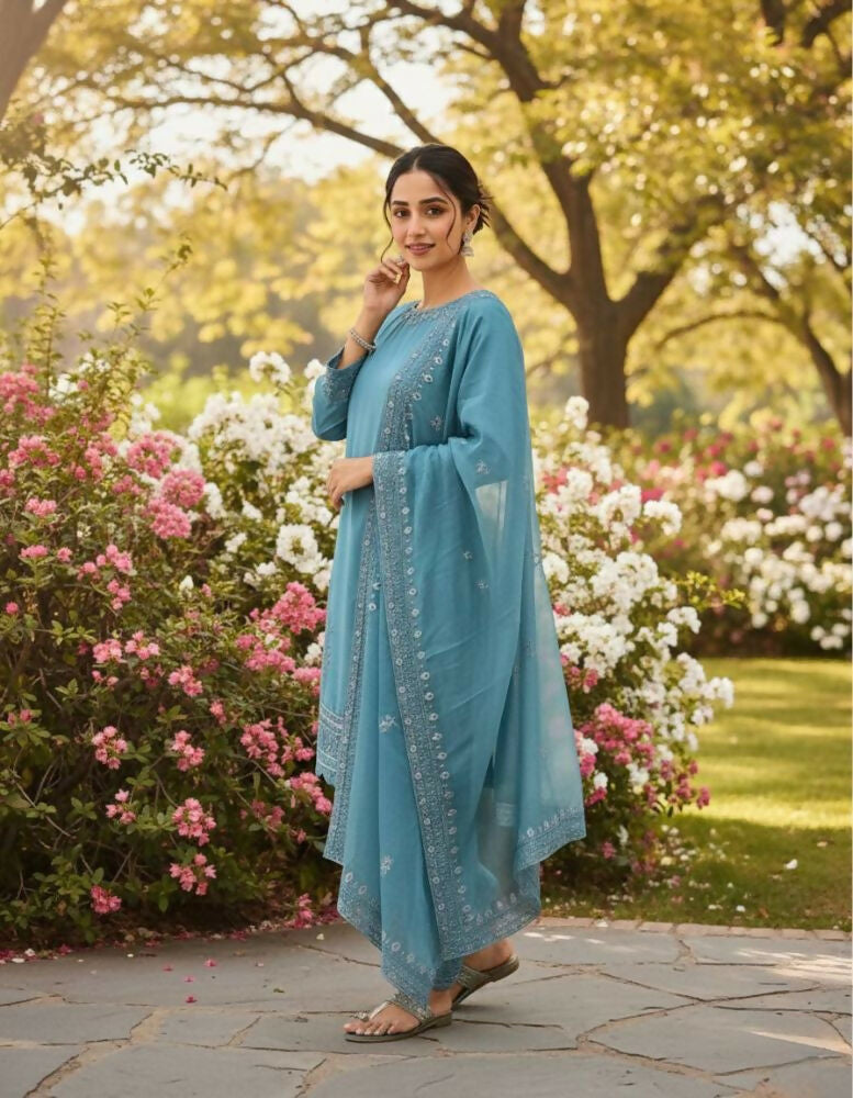 Teeya Creation Teal Color Natural Creap Silk Designer Fancy Party Wear Salwar Suit