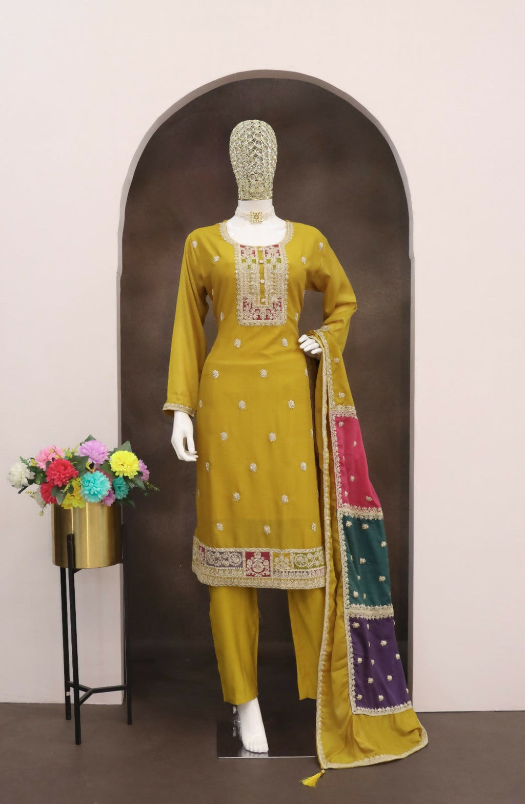 Teeya Creation Yellow Color Chinon Silk Embroidery Work Wedding Wear Designer Salwar Suit