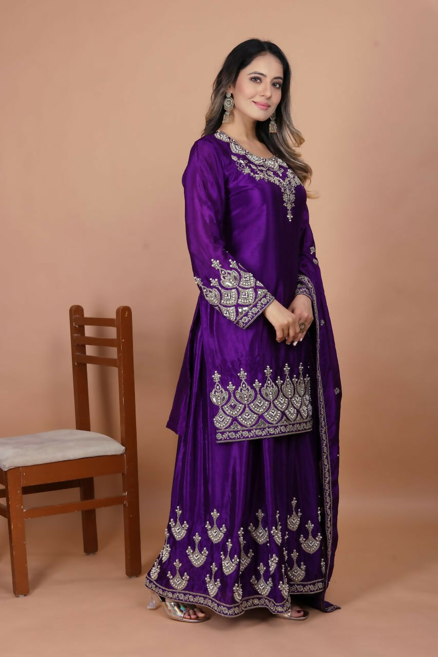 Teeya Creation Purple Chinon Embroidery Work Party Wear Palazzo Suit