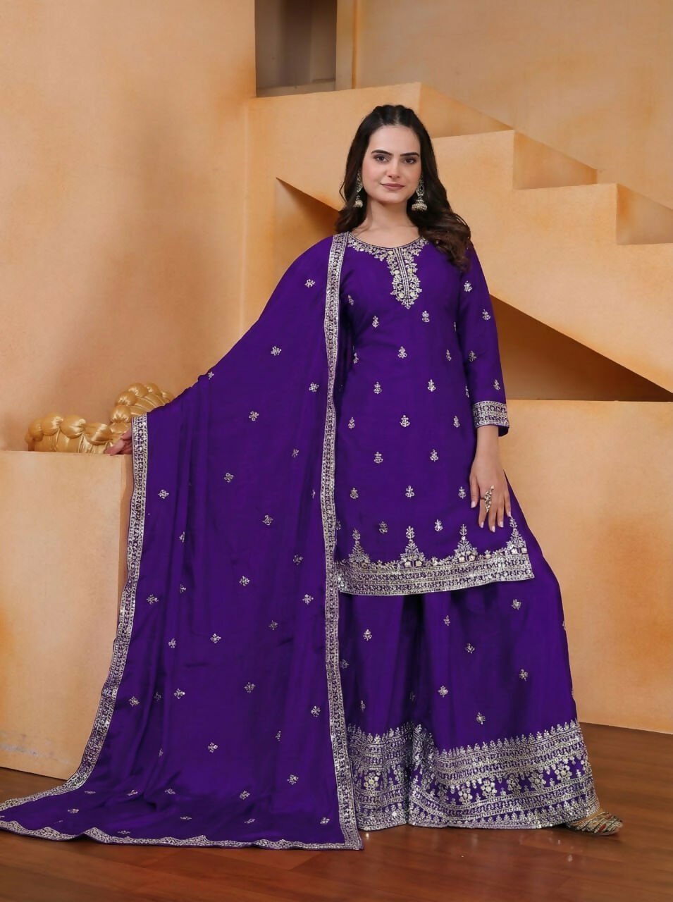 Teeya Creation Purple Color Chinon Silk Wedding Wear Trending Palazzo Set