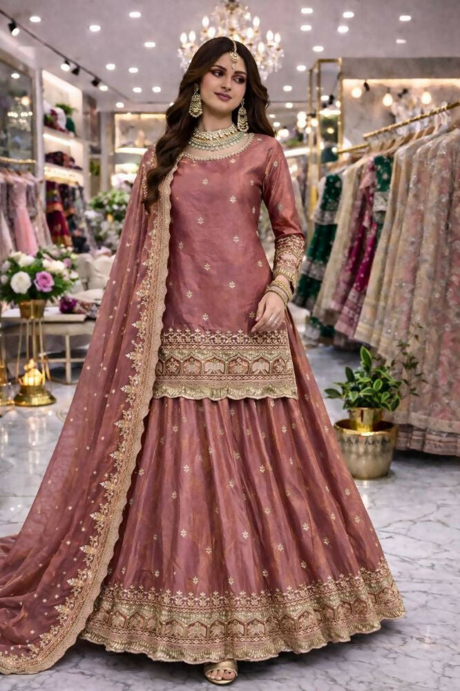 Teeya Creation Onion Color Fendy Satin Heavy Embroidery Work Wedding Wear Stitched Lehenga Choli