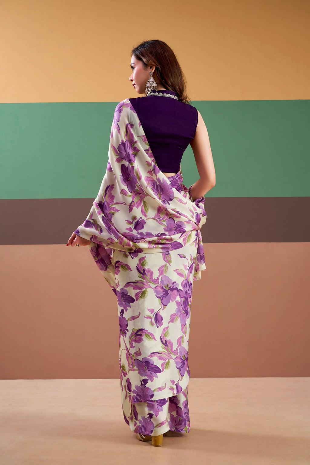 Vastranavya Purple Satin Silk Floral Printed Saree with Stitched Blouse