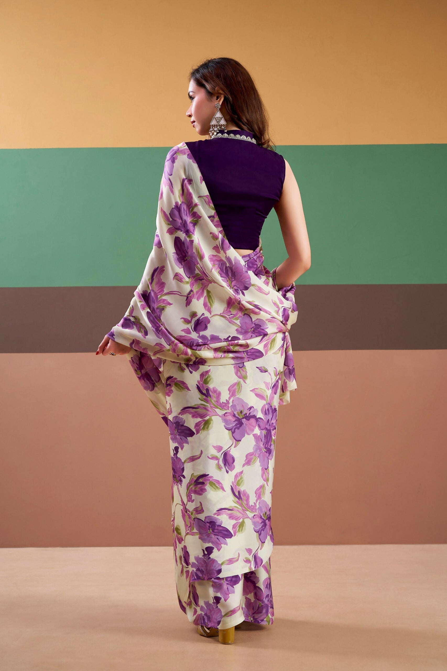 Vastranavya Purple Satin Silk Floral Printed Saree with Stitched Blouse