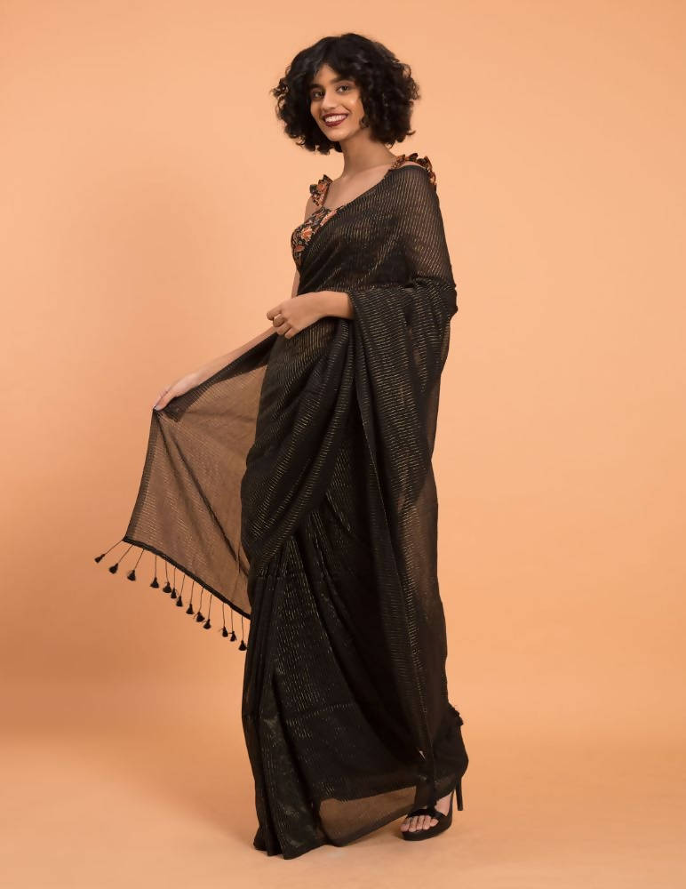 Suta Black Woven Zari Striped Pure Handloom Cotton Saree