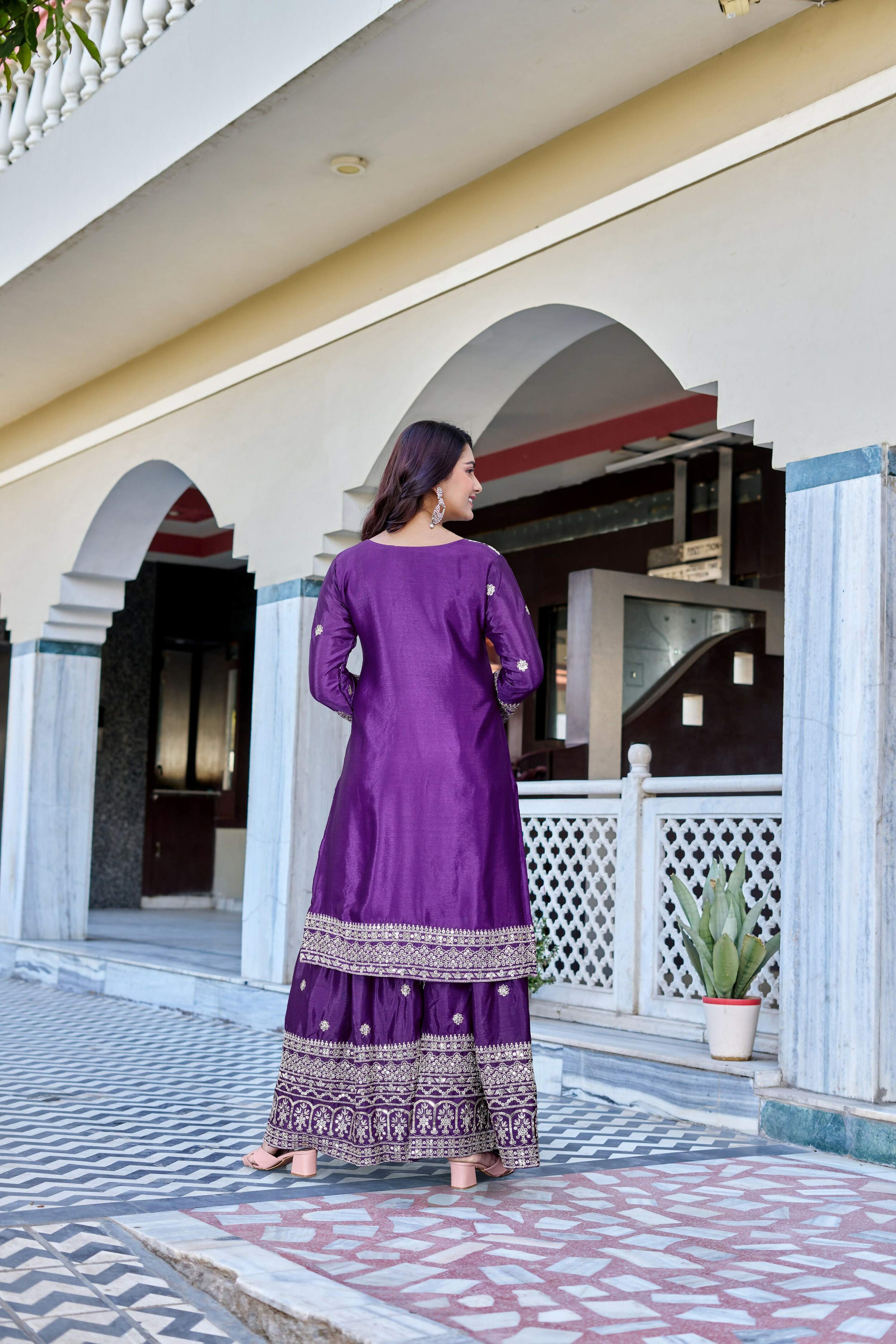 Teeya Creation Wine Color Chinon Silk Heavy Embroidery Work Wedding Wear Sharara