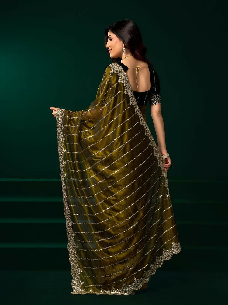 Joban Fashion Mehendi Green Net Party Wear Sarees
