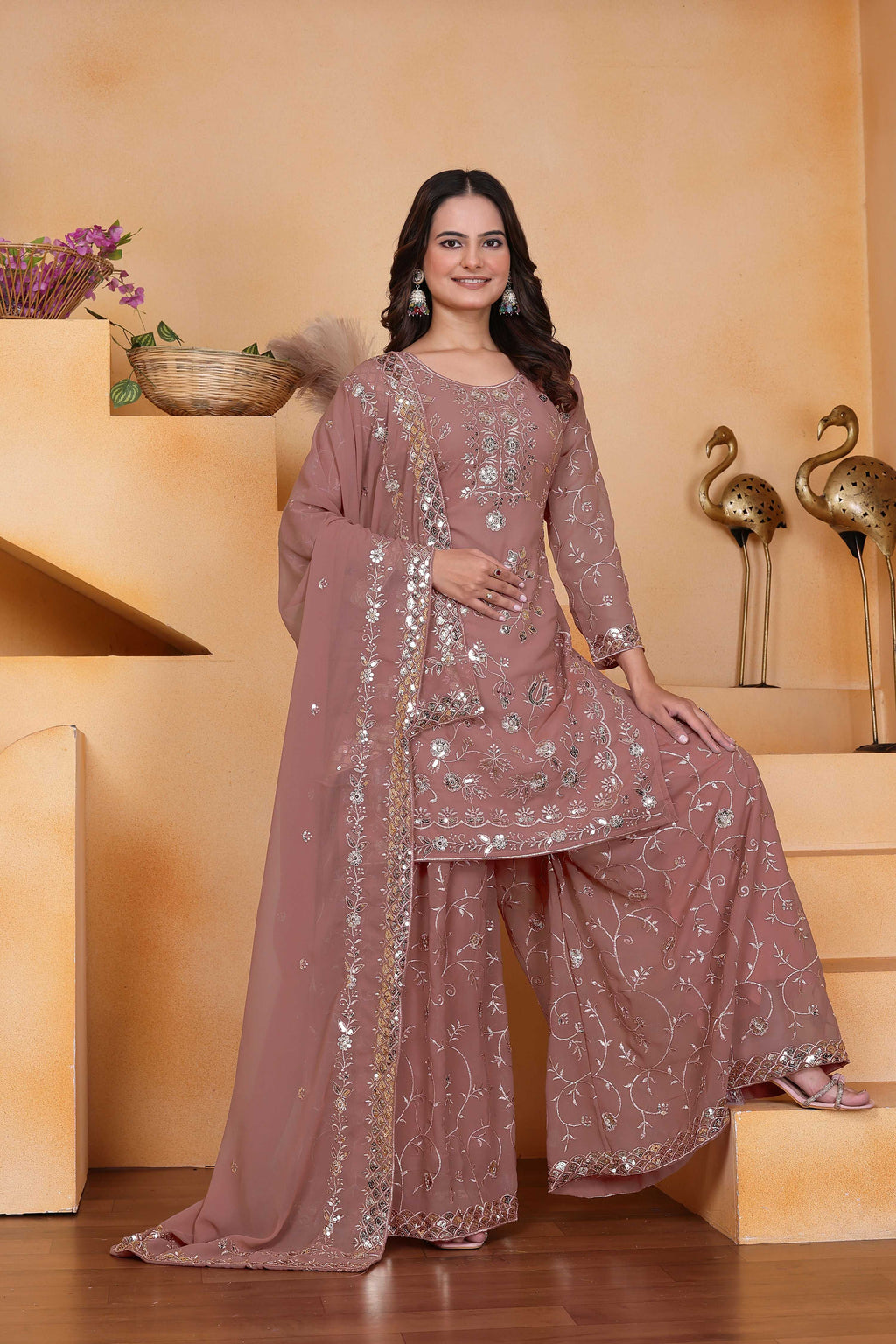Lehenga Mart Designer Sharara Suit With Kurta, Sharara, Dupatta For Women-Mauve