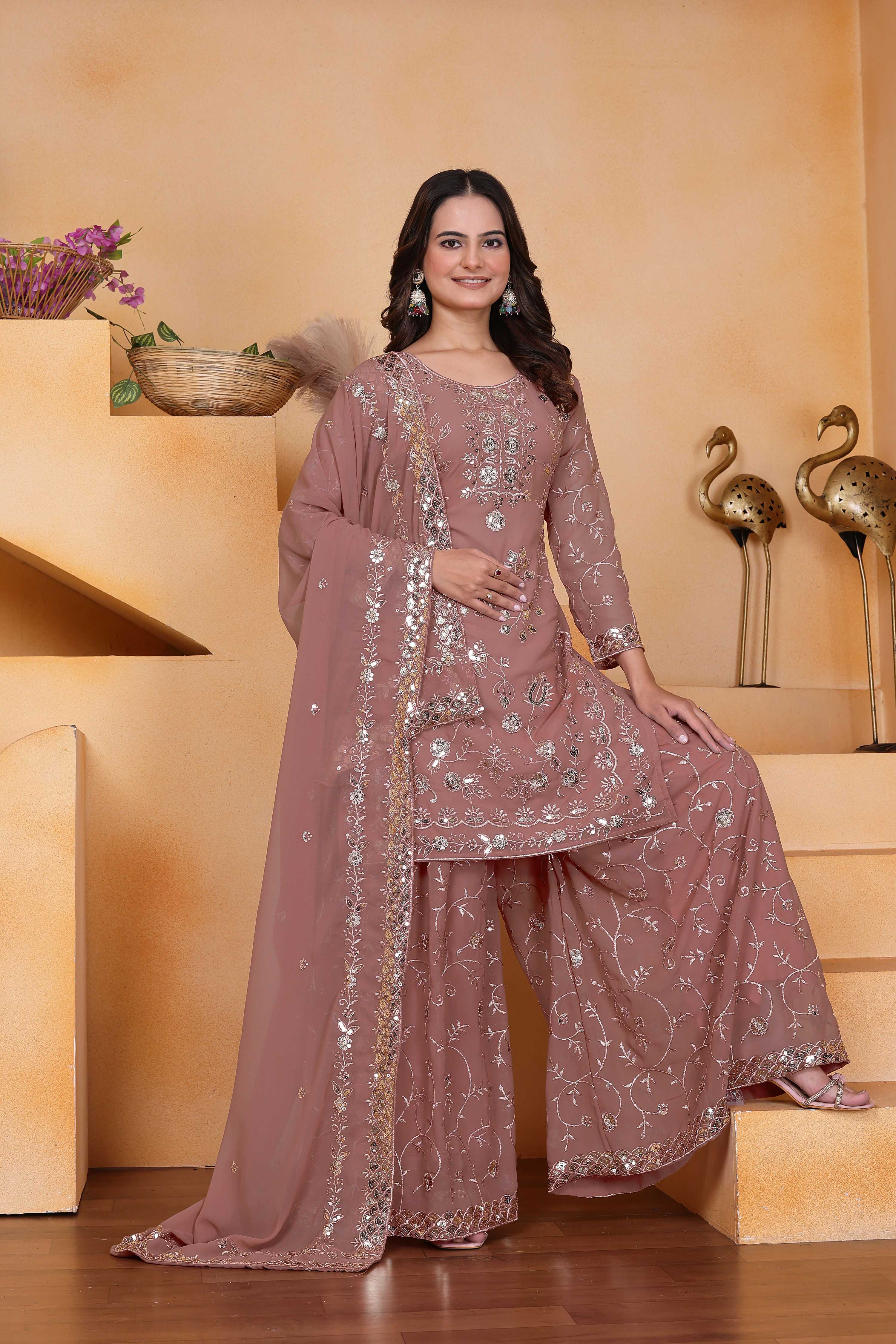 Lehenga Mart Designer Sharara Suit With Kurta, Sharara, Dupatta For Women-Mauve