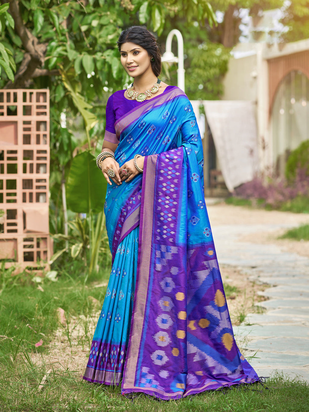 Anaita Aqua Blue Soft Silk Saree With Floral Printed Work With Blouse