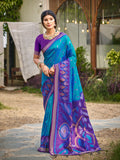 Anaita Aqua Blue Soft Silk Saree With Floral Printed Work With Blouse