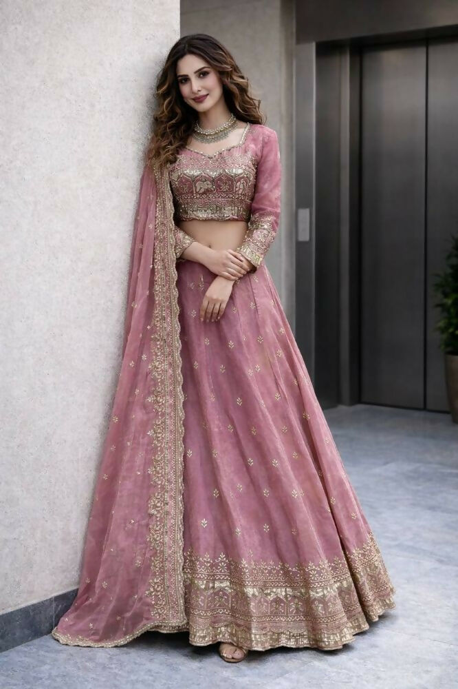 Teeya Creation Pink Color Fendy Satin Heavy Embroidery Work Wedding Wear Stitched Lehenga Choli
