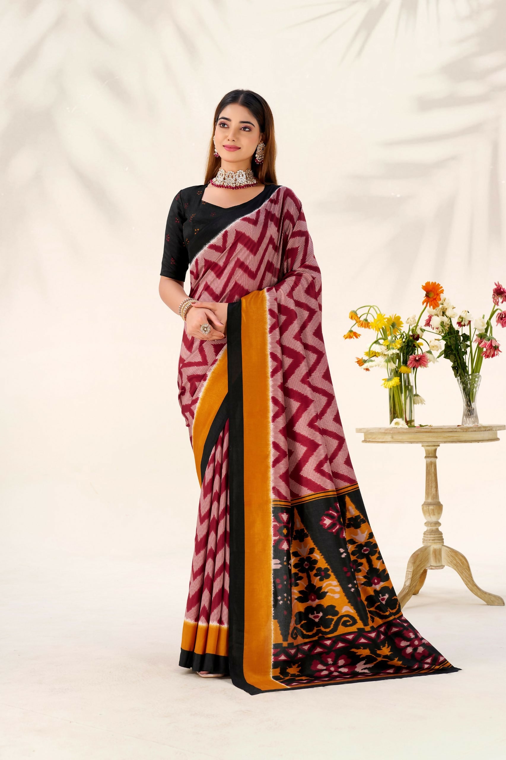 Vastranavya Maroon Tussar Silk Zigzag Waves Printed Saree with Unstitched Blouse