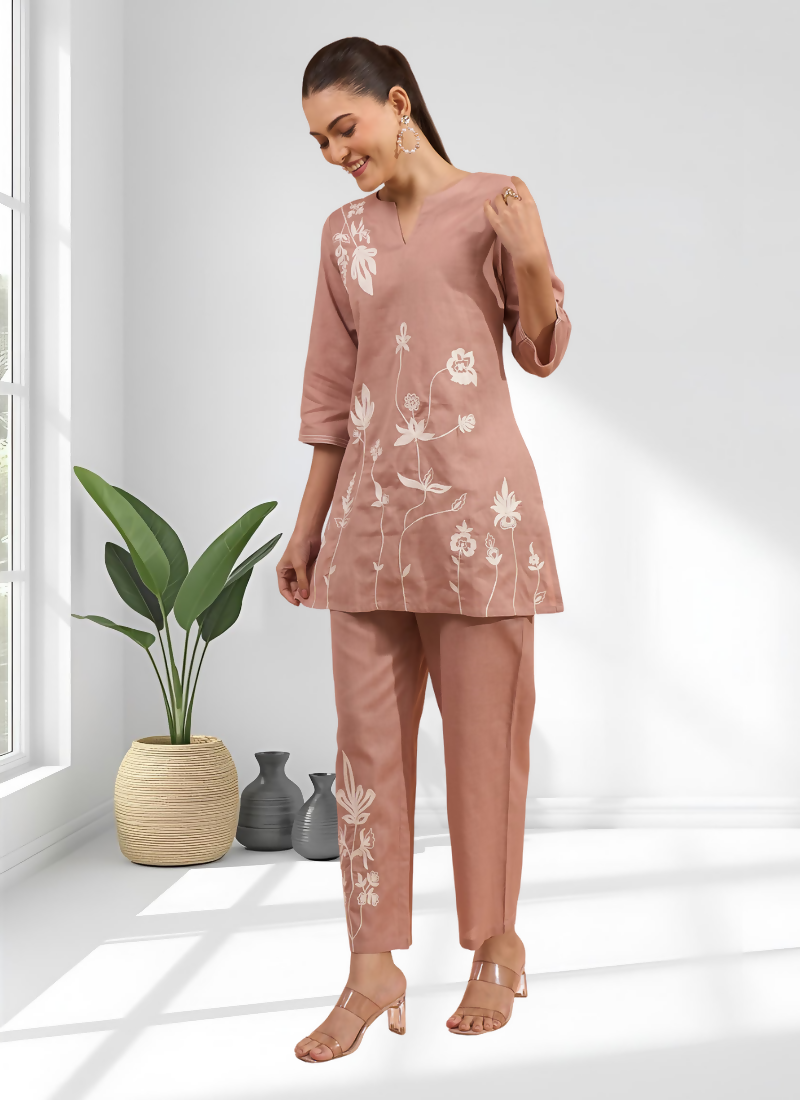 Joban Fashion Powder Pink Cotton, Linen Embroidered Readymade Cord Set