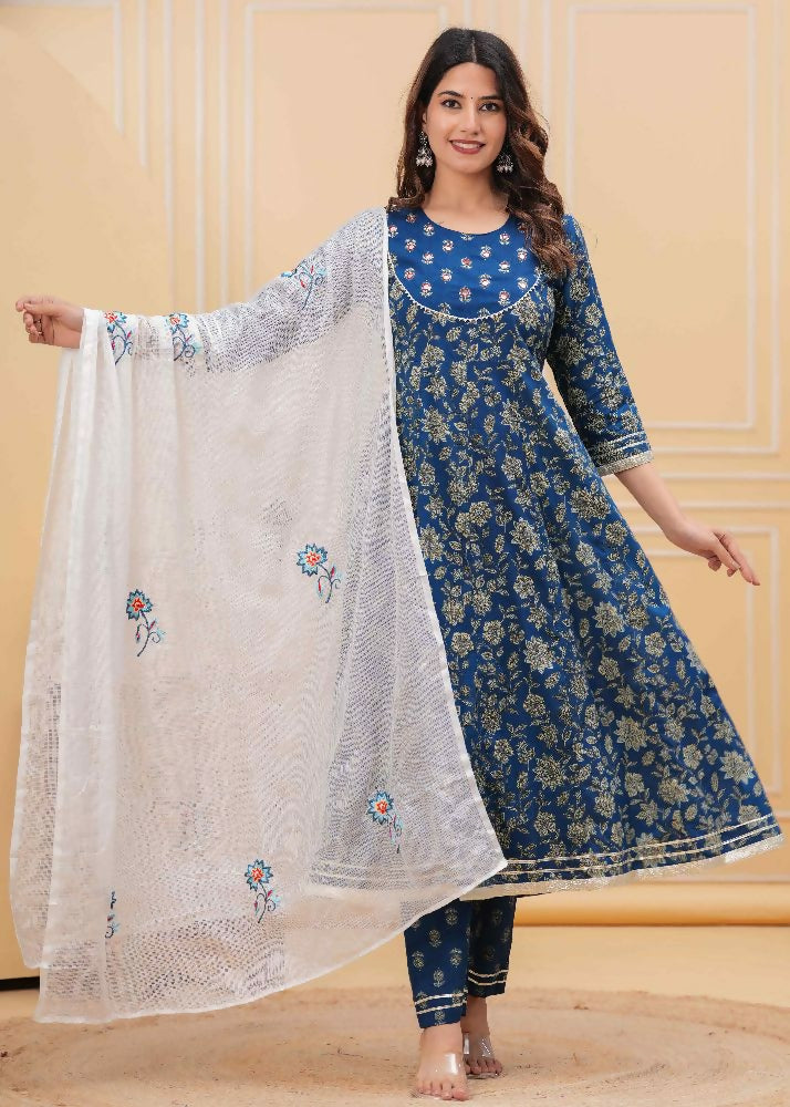 Jaimini Women Cotton Printed Round Neck Calf Length Flared Kurta Pant And Dupatta Set