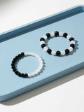 NVR Set of 2 Black & White crystal beaded Bracelet for Men & Women