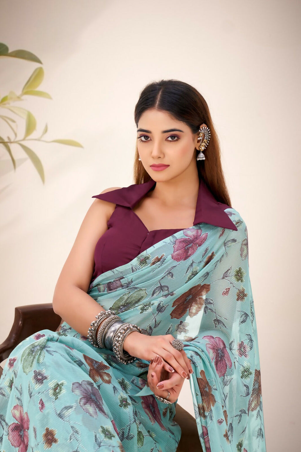 Vastranavya Sea Green Lurex Brasso Floral Printed Saree with Unstitched Blouse