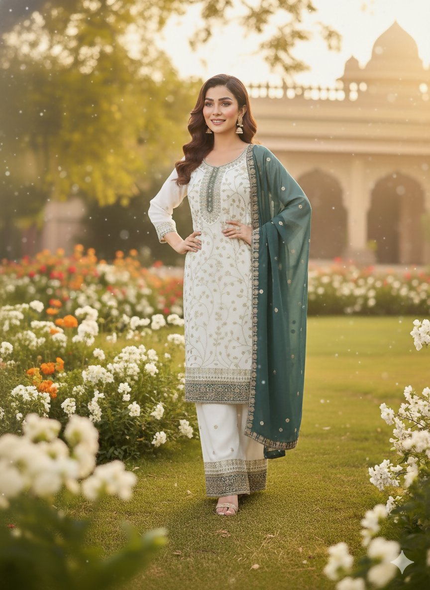 Teeya Creation White Color Faux Georgette Embroidery Work Long Party Wear Palazzo Suit