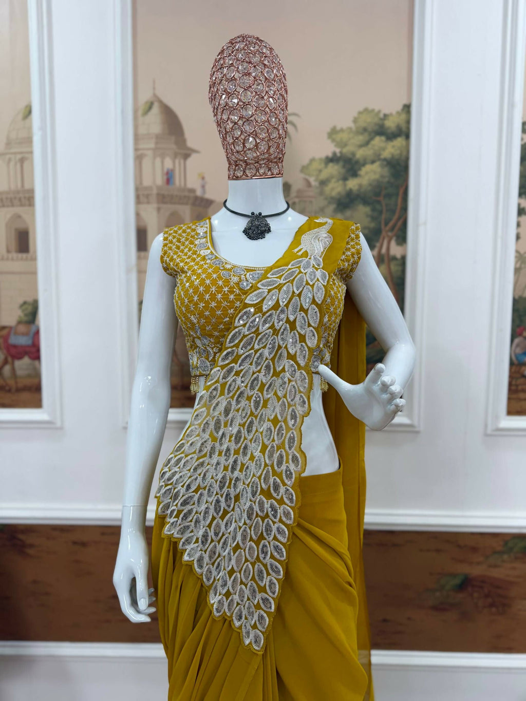 Teeya Creation Yellow Color Faux Georgette Embroidery Work Party Wear Ready To Wear Saree