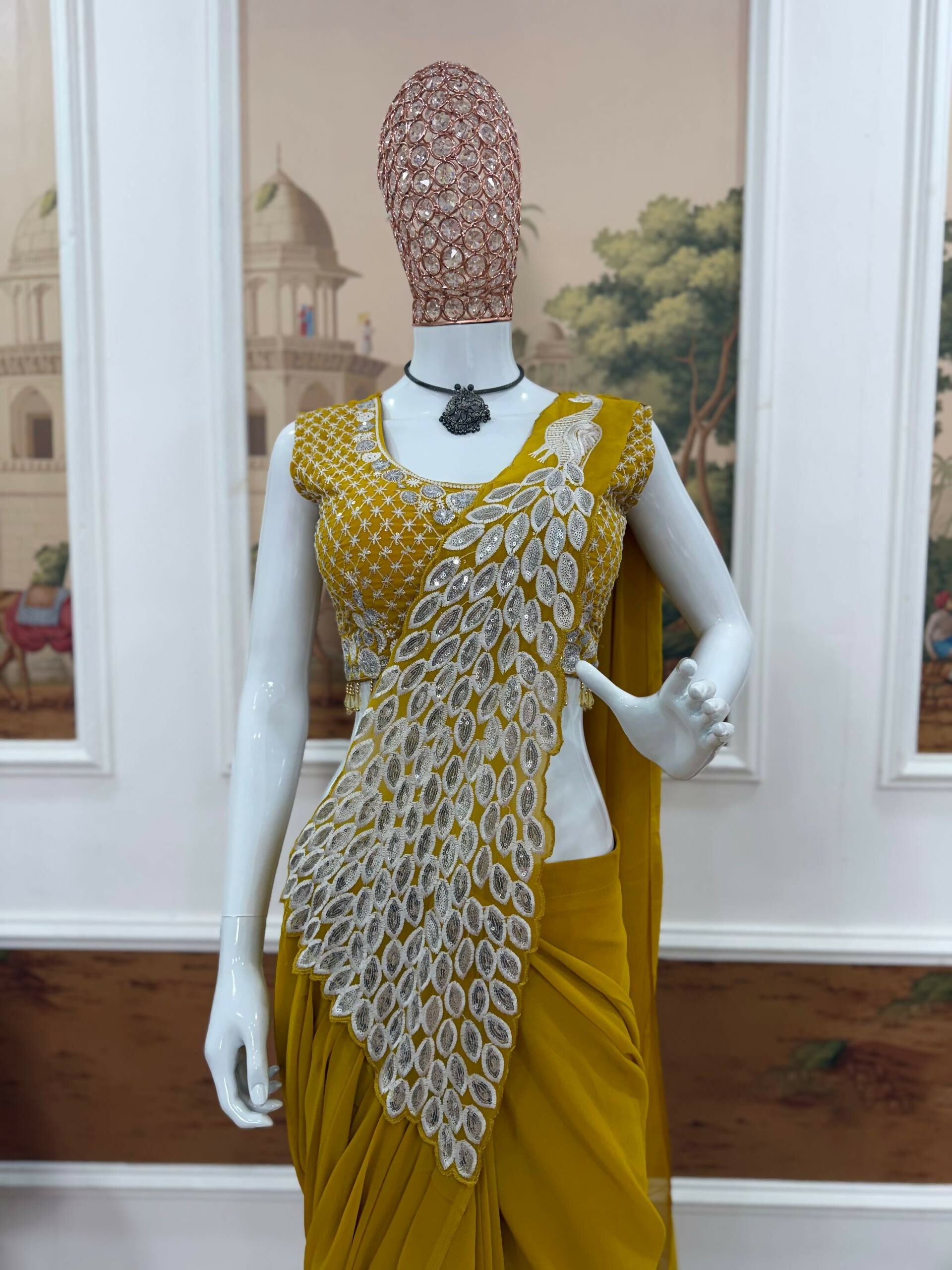 Teeya Creation Yellow Color Faux Georgette Embroidery Work Party Wear Ready To Wear Saree