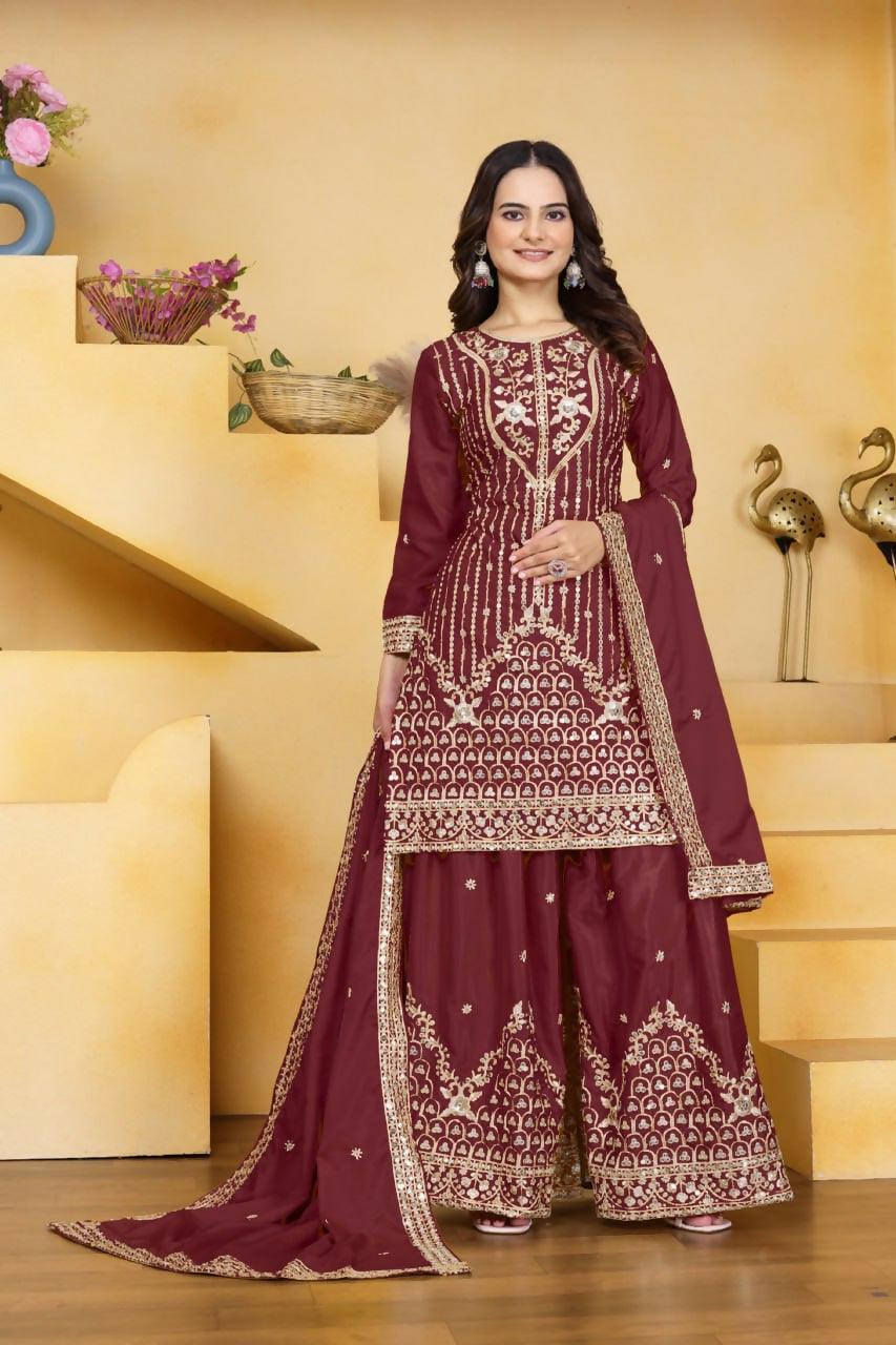 Teeya Creation Maroon Color Natural Crepe Silk Wedding Wear Trending Palazzo Set