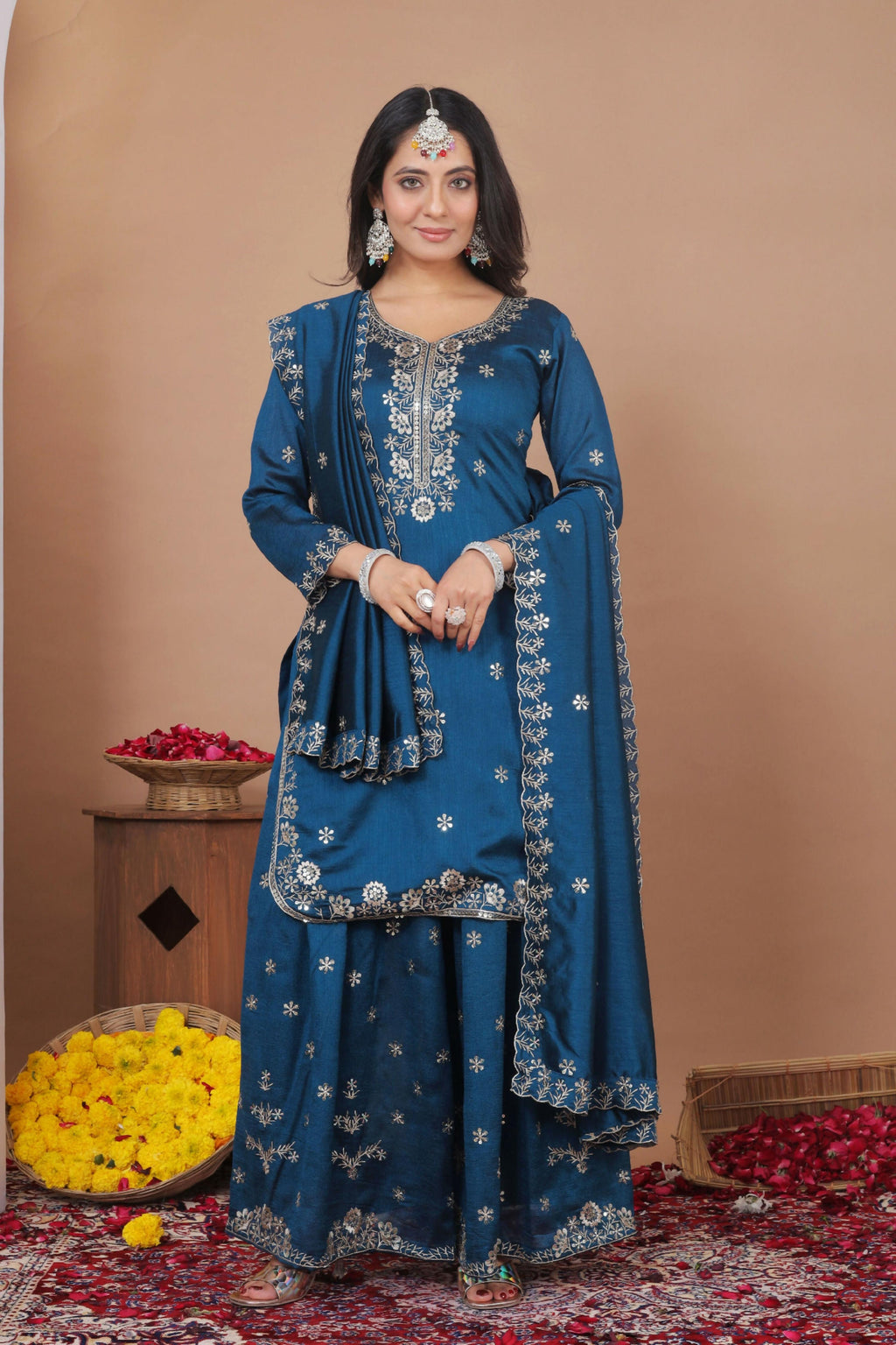 Lehenga Mart Designer Sharara Suit With Kurta, Sharara, Dupatta For Women-Teal Blue