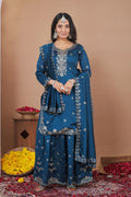 Lehenga Mart Designer Sharara Suit With Kurta, Sharara, Dupatta For Women-Teal Blue