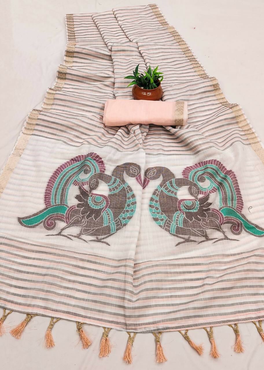Vastranavya Peach Linen Cotton Meenakari Weaving Pallu Saree with Contrast Blouse