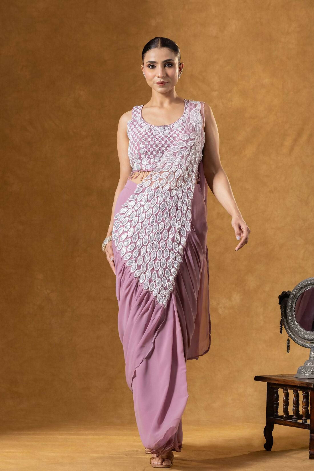 Teeya Creation Onion Color Faux Georgette Embroidery Work Party Wear Ready To Wear Saree