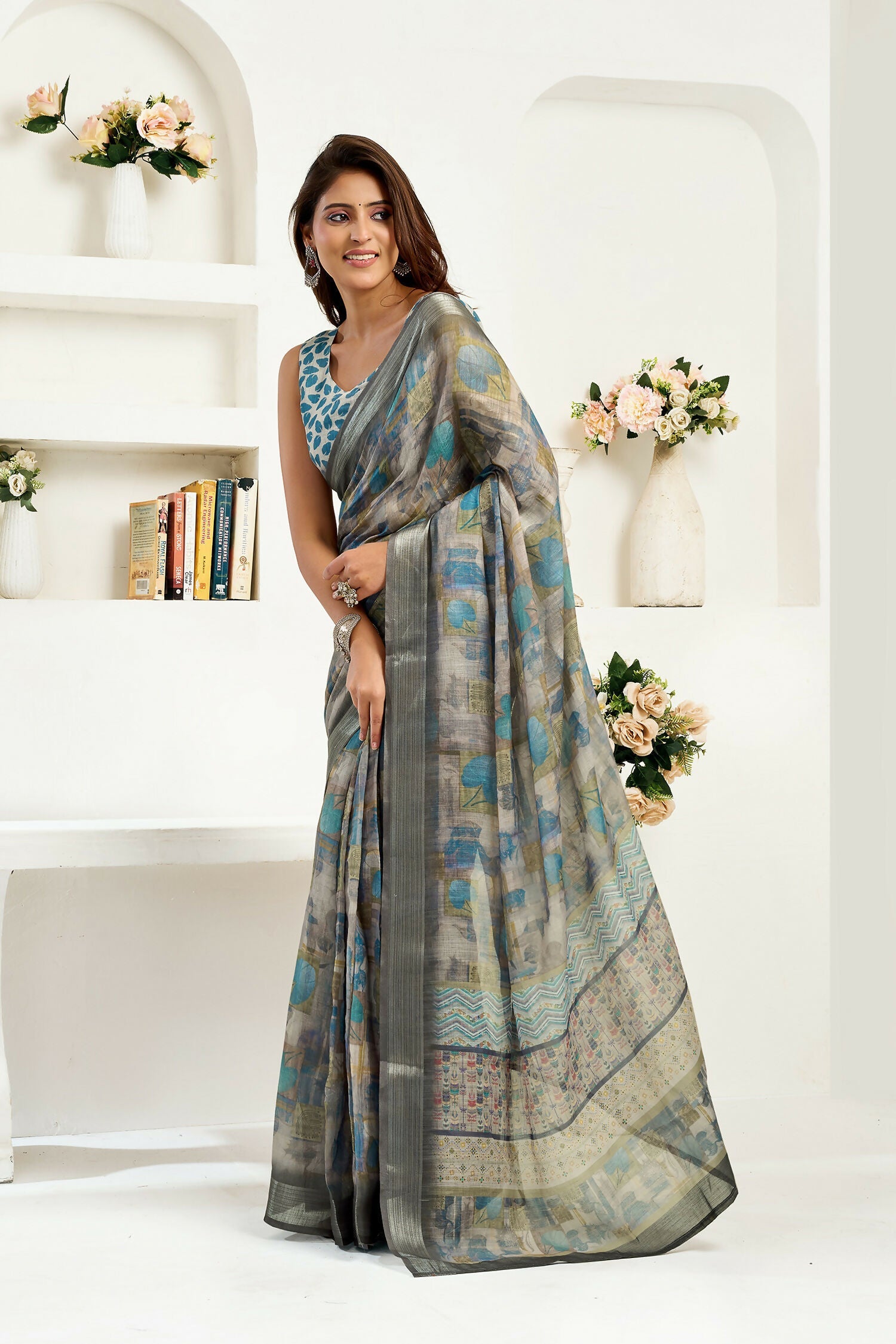 Joban Fashion  Dusty Brown Floral & Ethnic Motifs Linen Ready To Wear Saree With Unstitched Blouse
